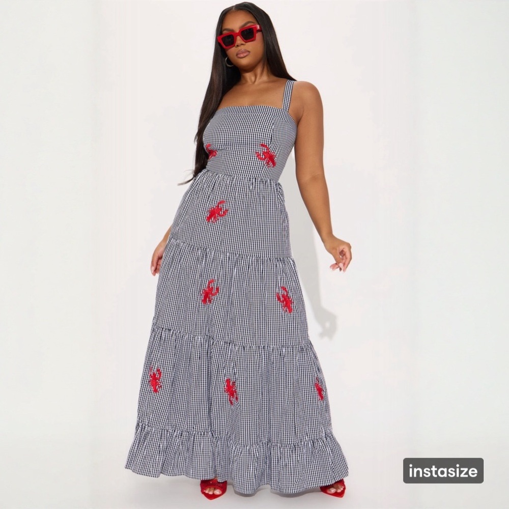 NWT Sea Side Gingham Lobster Maxi Dress L Fashion Nova Black & White